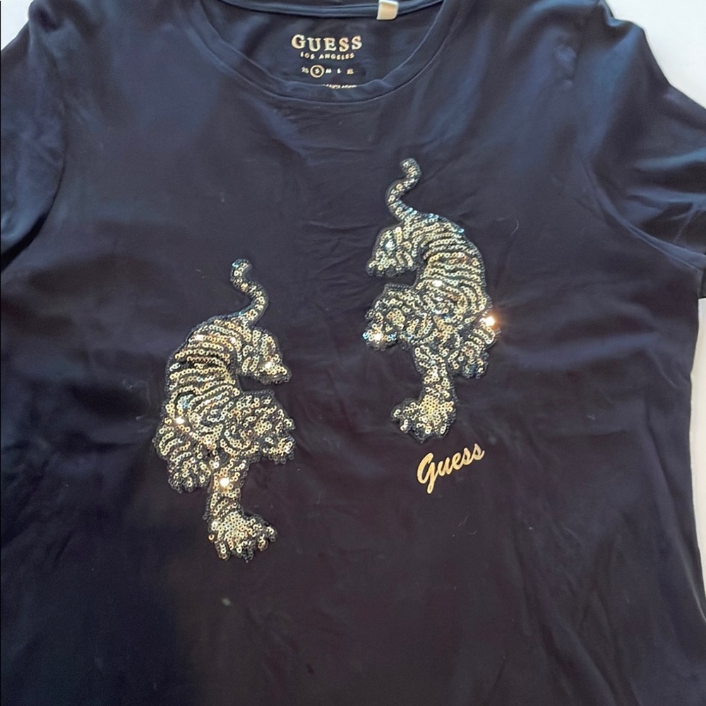 Guess  S  Black Tee with Gold Sequin Tiger Design Shortsleeves